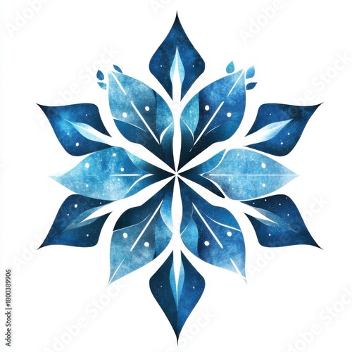 Detailed star or snowflake mandala pattern in cool blue and white tones. Represents winter holidays, frost, magic, and sacred geometry.