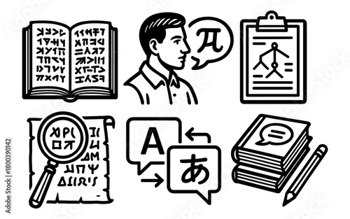 Black and white language learning and translation icons set