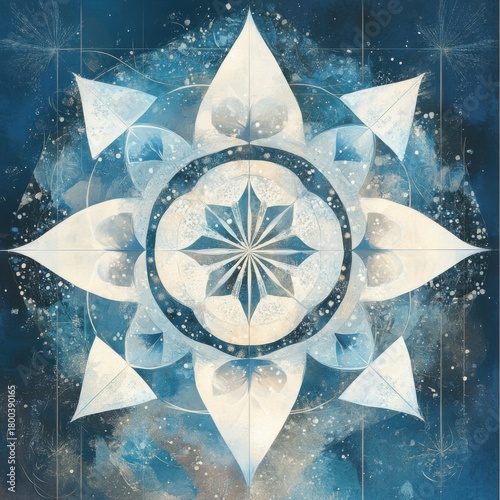Symmetrical abstract pattern with star shape in watercolor and digital style. Useful graphic background with deep blue and white texture.