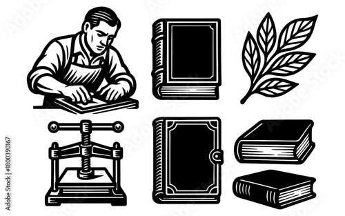 Vintage bookbinding elements with craftsman and tools in retro style