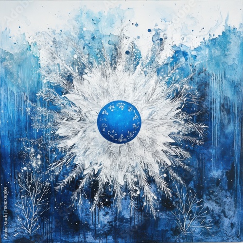 Abstract decorative design with a central frosty, circular, or explosive element on a cold blue backdrop. Modern visual for decoration.