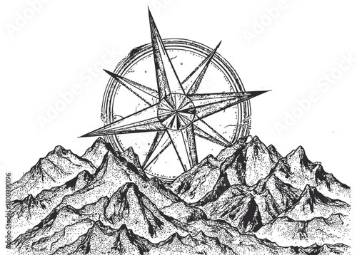 Hand drawn compass rose symbol of direction and guidance perched atop rugged mountain peaks in black and white sketch style