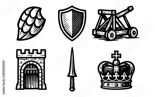 Medieval icon set featuring shields, weapons, and crowns in black and white