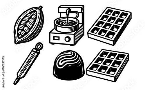 Chocolate making elements: cocoa pod, tempering machine, mold, thermometer, bonbon