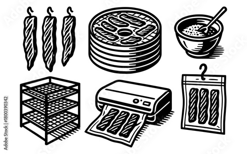 Hand drawn black line icons of sausage production and packaging process