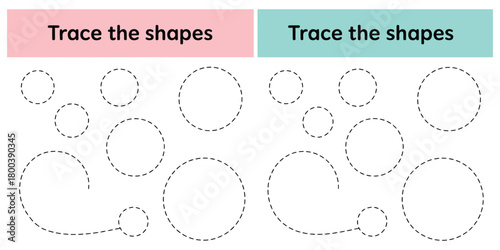 Trace the geometric shape, vector illustration, circle tracing worksheet for kids, educational activity for preschool and school age, dashed lines practice, handwriting development, early learning res
