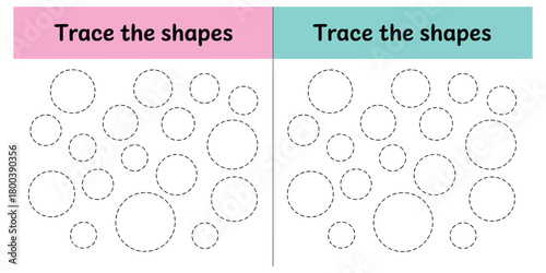 Educational tracing worksheet for children, vector illustration, preschool and school age activity, circle shape tracing, dashed line practice, handwriting skill development, early learning resource, 