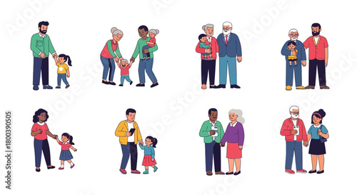 Vector Icons Set of Diverse Families and Generations Posing Together in Various Combinations. EPS Editable