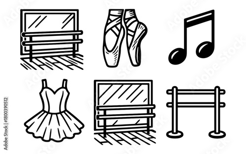 Dance studio icon set: ballet essentials in bold linear style for creative projects