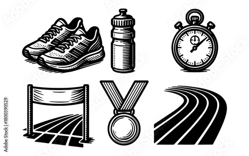 Athletic equipment and icons in retro black and white engraving style