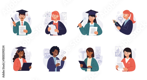 Vector Icons Set of Diverse Group of Graduates Celebrating Academic Achievement with Diplomas. EPS Editable
