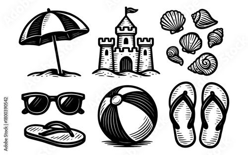 Beach essentials in vintage black and white retro style