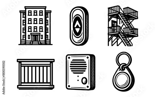 Set of urban elements in vintage style: architecture, fire escape, intercom
