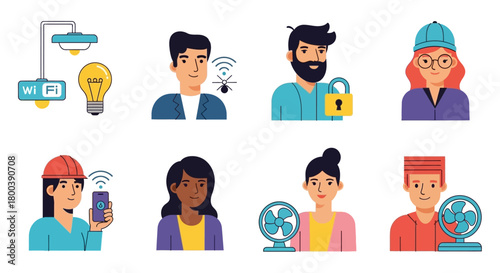 Vector Icons Set of Collection of Smart Home Technology and People Icons. EPS Editable