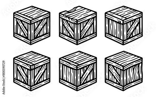 Collection of six isometric wooden crates with varied textures and details