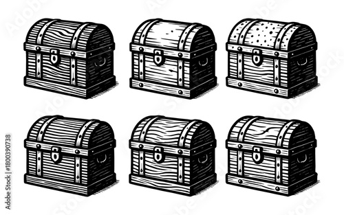 Vintage style treasure chests set with wood texture and hinges in black and white design