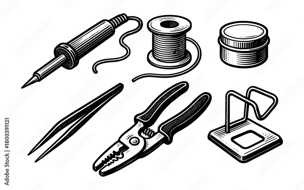 Obraz premium Retro style electronics repair tools: soldering iron, wire, tweezers depiction