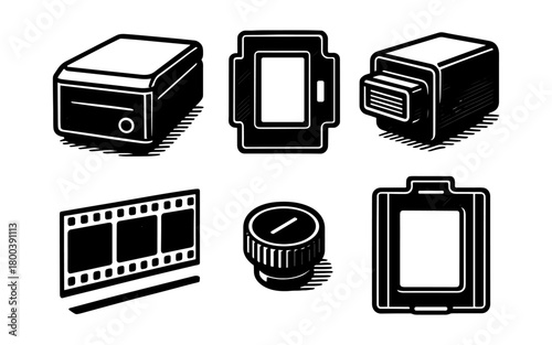 Retro technology icons: bold black electronic devices in vintage style