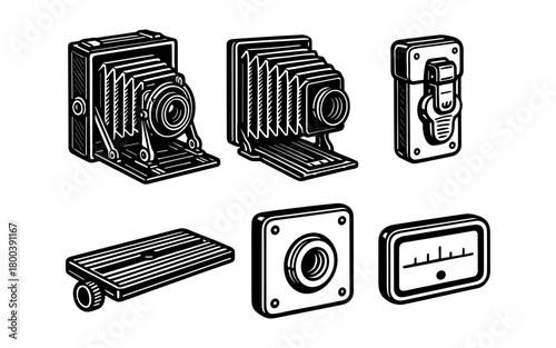 Vintage camera parts in retro style: bellows, lens, light meter, and more