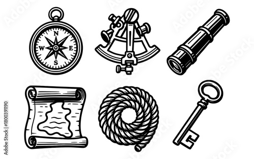 Vintage nautical set with compass, sextant, map, and spyglass in black and white