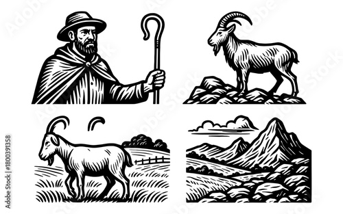 Rustic woodcut style imagery: shepherd, goat, and mountain scenes