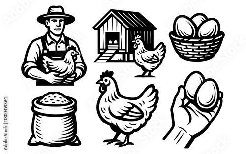 Rustic farm life: chickens and eggs in vintage black and white style