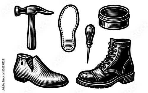 Vintage shoe repair tools and footwear in retro engraving style