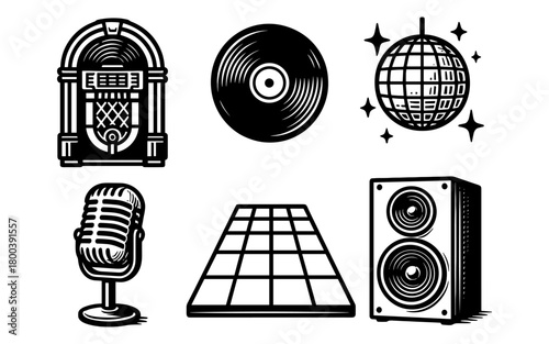 Retro music set with jukebox, vinyl, and disco elements in black and white stylized design