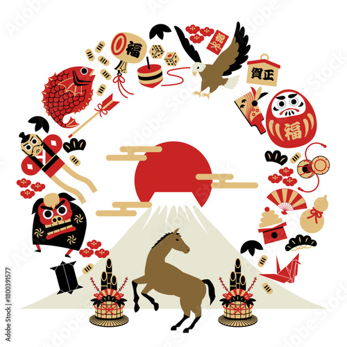 Japanese New Year Lucky Motif Frame (Mount Fuji, Horse, Kadomatsu) 2026 – Chic / お正月・富士山・馬・門松