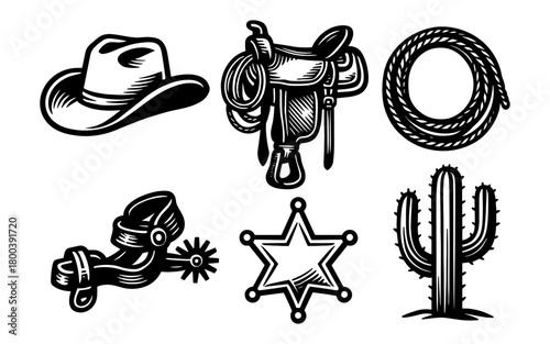 Western icons set: cowboy hat, saddle, lasso, spur, sheriff badge, cactus
