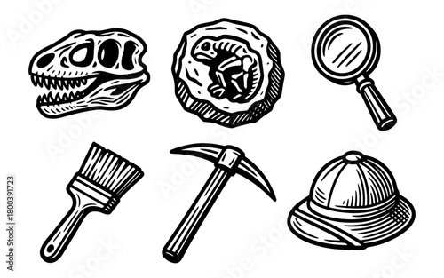 Outline set of fossil exploration tools: dinosaurs, archeology, and paleontology symbols