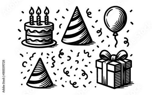Festive celebration elements: retro style birthday cake, party hat, balloon, gift, and confetti