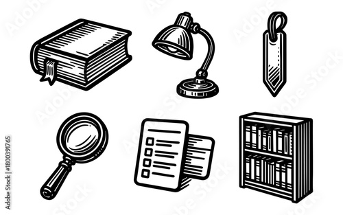 Vintage monochrome icons of book, desk lamp, bookmark, magnifying glass, document, and bookshelf