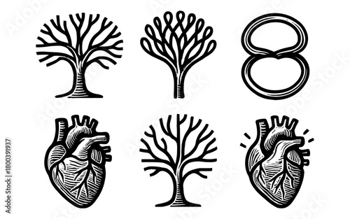 Intricate hand drawn trees and anatomical hearts in monochrome style