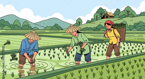 Asian Farmers Cultivating Rice Field Traditional Agriculture Illustration