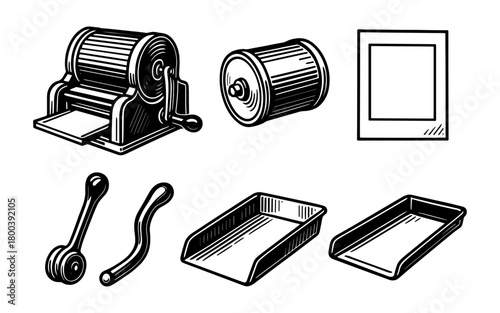 Vintage engraving style retro kitchen utensils and appliances collection