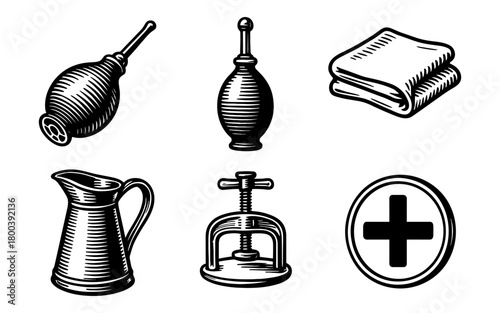 Vintage medical tools and symbols in engraved style