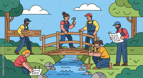 Community Builds Wooden Bridge Over Stream Construction Scene