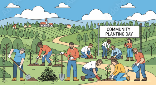 Community Planting Day Volunteers Outdoors Promoting Environmental Stewardship