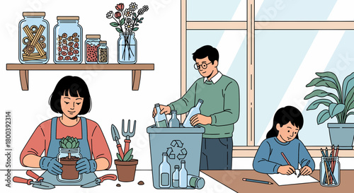 Diverse Family Engaged in Eco-Friendly Lifestyle Activities at Home