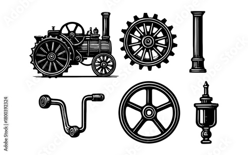 Vintage tractor parts collection: intricate retro machine components in monochrome