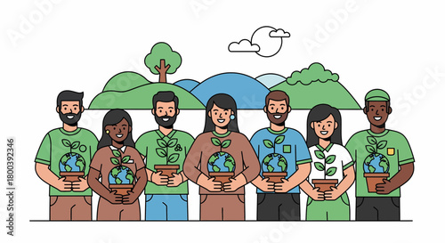 Diverse Group Holding Globe Plants For Environmental Awareness Concept