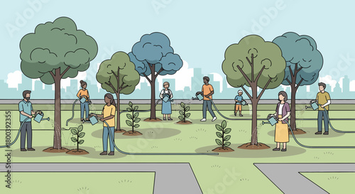 Diverse Group Watering Saplings In Urban Park Illustration