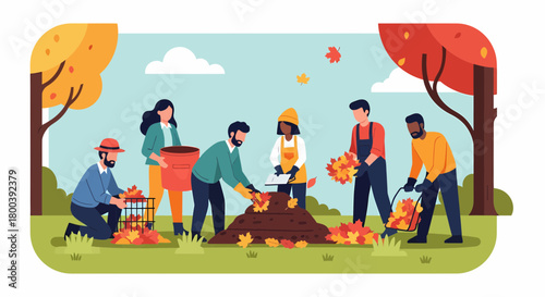 Diverse Volunteers Gathering Autumn Leaves For Composting In Park