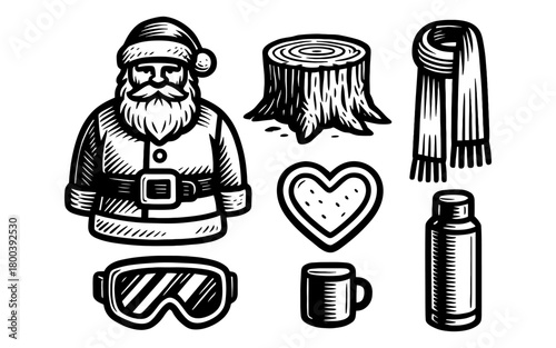 Festive winter elements in vintage style: santa, tree stump, scarf, heart, and more