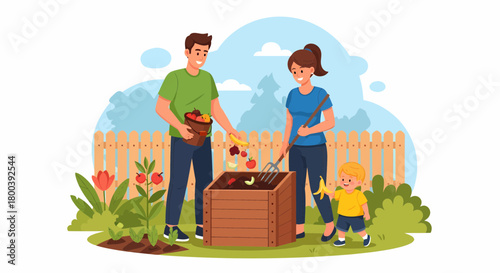 Family Composting Organic Waste Together in The Garden Illustration