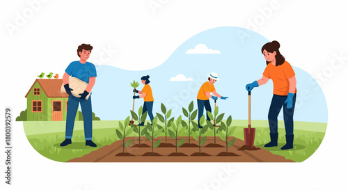 Family Growing Vegetables In Garden At Home Illustration