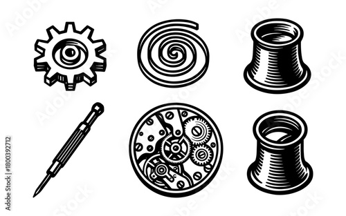Clockwork elements and tools in retro engraving style