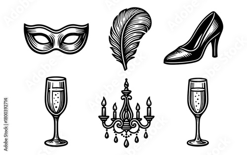 Elegant gala icons: mask, feather, shoe, chandelier, champagne glass art