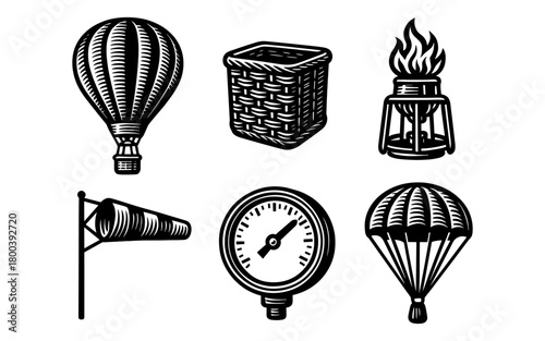 Vintage hot air balloon travel elements: retro monochrome collection with parachute and gauges